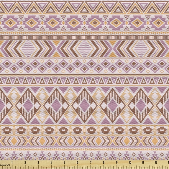Folk Fabric by the Yard, Tribal Pattern in Pastel Tones with Geometric Motifs, Upholstery Fabric for Dining Chairs Home Decor Accents, Grey Pink Chocolate by Ambesonne