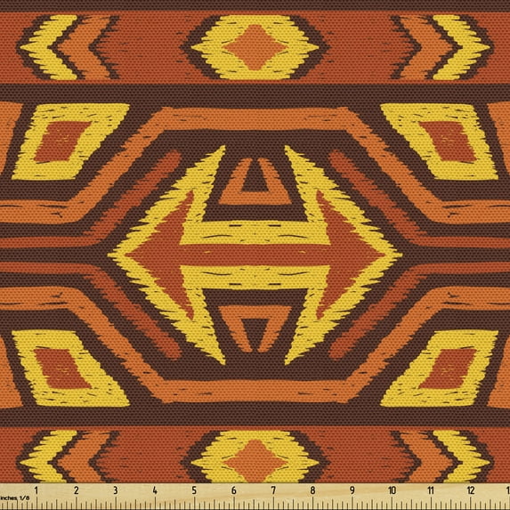 Folk Fabric by the Yard, Tribal Themed Graphic Layout with Geometric Shapes and Ethnic Elements, Decorative Upholstery Fabric for Chairs & Home Accents, Paprika and Earth Yellow by Ambesonne