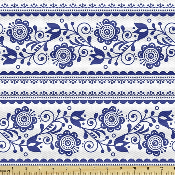 Ambesonne Folk Fabric by the Yard Upholstery, Horizontal Swirling Flowers, 2 Yards, Dark Violet and White