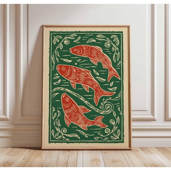 Folk Fish Rustic Nautical Cottagecore Wall Art Print, Distinctive Coastal Theme For Home And Gallery Wall Decor