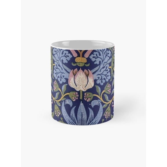Folk Floral Bird and Vine Coffee Mug, Navy Blue, 11oz Ceramic, Full-Wrap Print