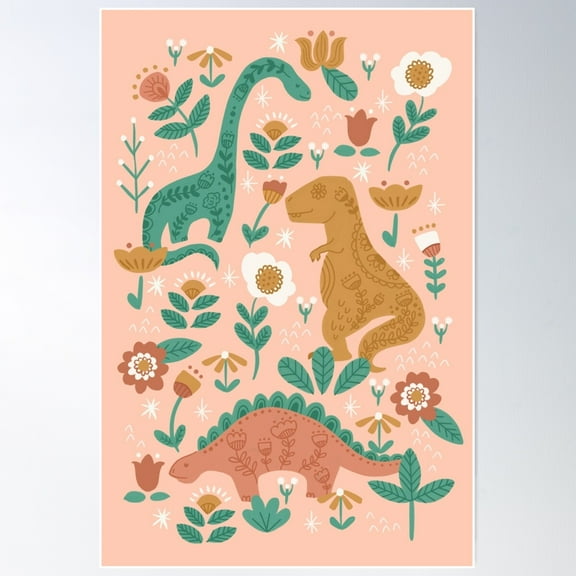 Folk Floral Dinosaurs In Pink Poster Wall Art, Modern Wall Decor For Living Room Bedroom, 8x12 UNFRAMED