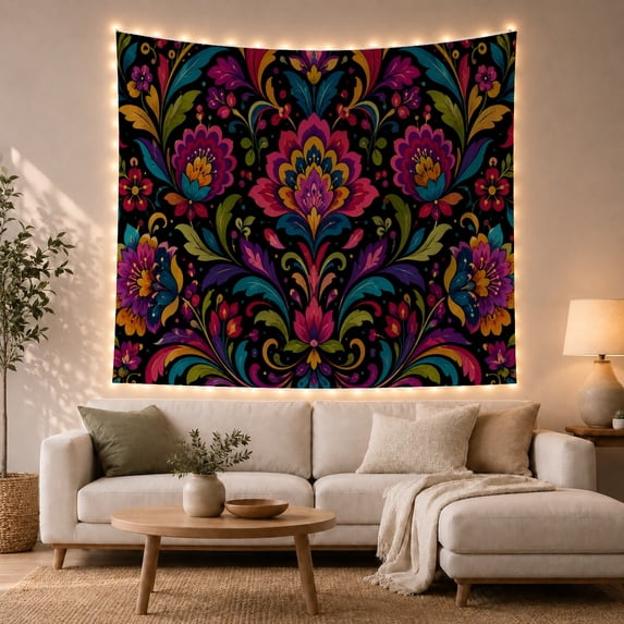 Folk Floral Garden in a Mirrored Botanical Display, Playful Boho for Flower Lovers, Botanical Wall Art, Housewarming Gift, Tapestry Wall Hanging for Bedroom and Living Room