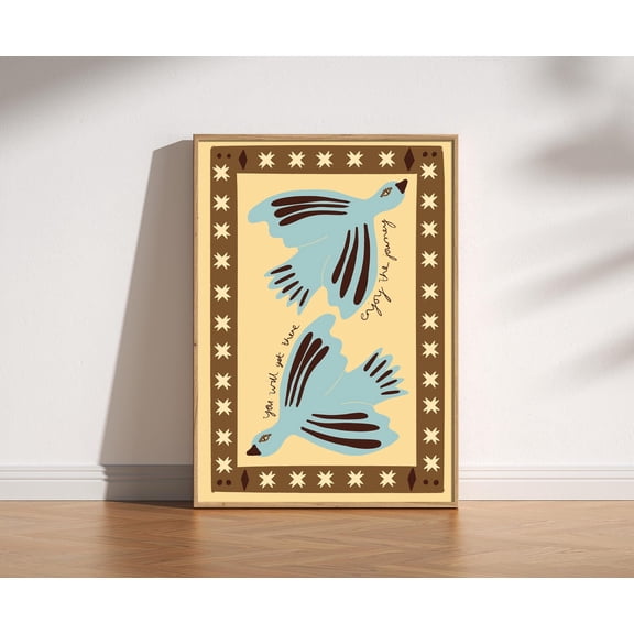 Folk Flying Dove Print Cottagecore Heritage Art Decorative Star Artwork Farmhouse Warm Ear