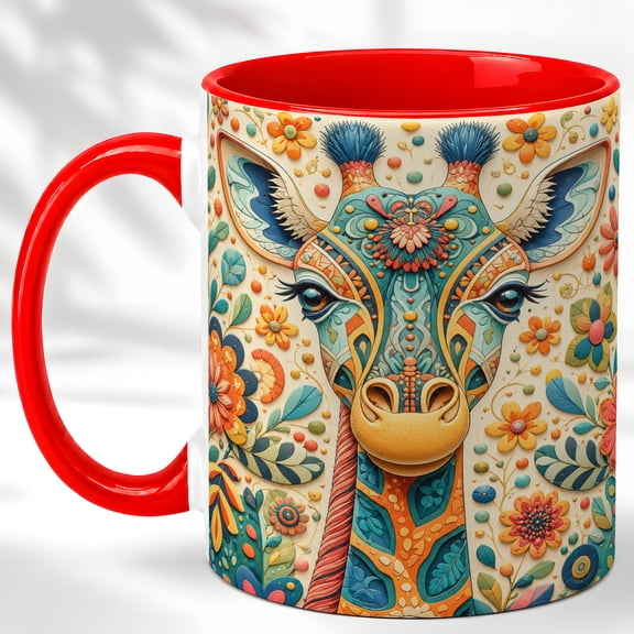 Folk Giraffe Coffee Mug, Floral Animal Mug, Ceramic 11 oz