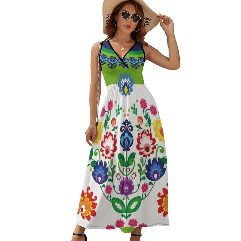 Folk Heart Beautiful Polish Folk Motif - White Dress Summer Street Style  Bohemia Long Dresses Female Sleeveless Printed Maxi Dress - Walmart.com