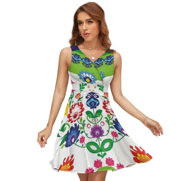 Folk Heart Beautiful Polish Folk Motif - White Sleeveless Dress Women Summer Evening Dresses Ladies Sundress