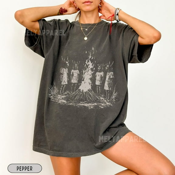 Folk Horror Comfort Colors T-Shirt, Gothic Gift for Him or Her Weird Retro Grunge, Weirdcore Halloween Clothes Witch Wear,Pepper Color,Size 2XL