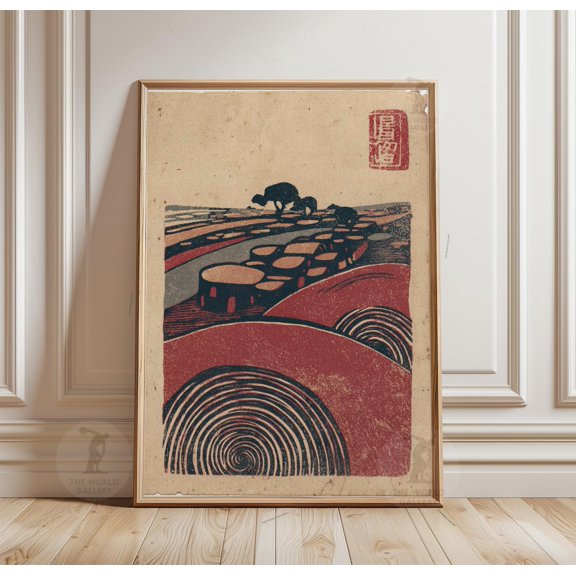 Folk Landscape Village Poster, Vintage Countryside Block Print, Rustic Rural Wall Art, Poster Only