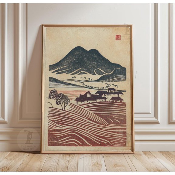 Folk Landscape Village Vintage Countryside Block Illustration Rustic Rural Poster Wall Art Print