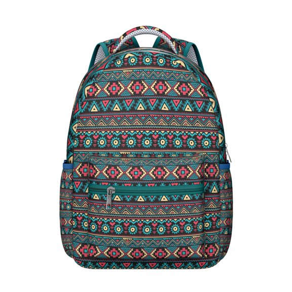 Folk Pattern Boho Chic Bookbag - Oversized 17" Computer Compartment with Reinforced Base | Durable Oxford Fabric Campus Backpack for University Students, Water-Resistant Tribal Design Carrier