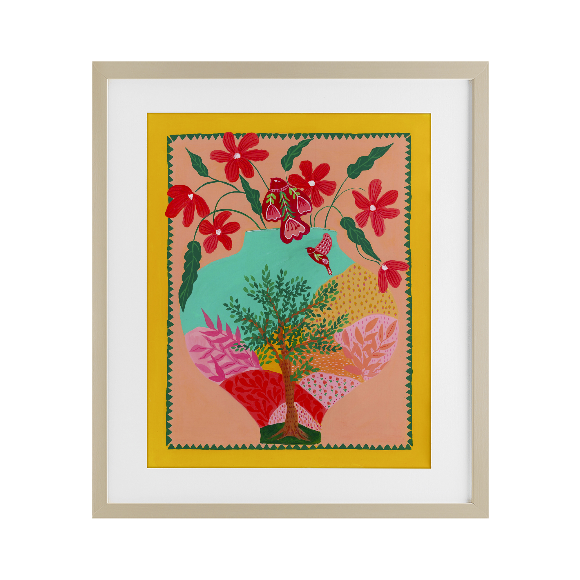 Folk Patterned Hope Vase Birch Framed Print Under Glass, design by Nabeela Rumi