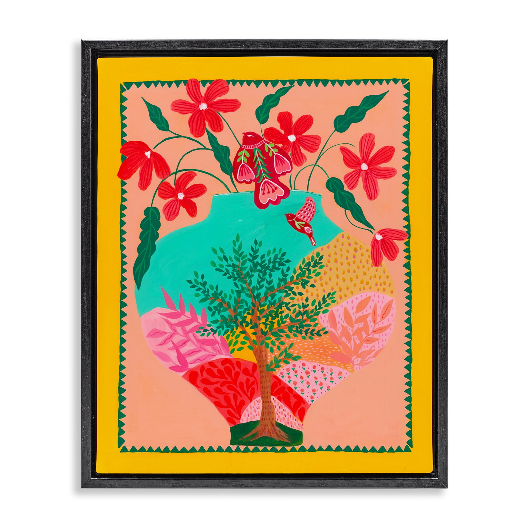 Folk Patterned Hope Vase Black Framed Floater Canvas Wall Art, design by Nabeela Rumi
