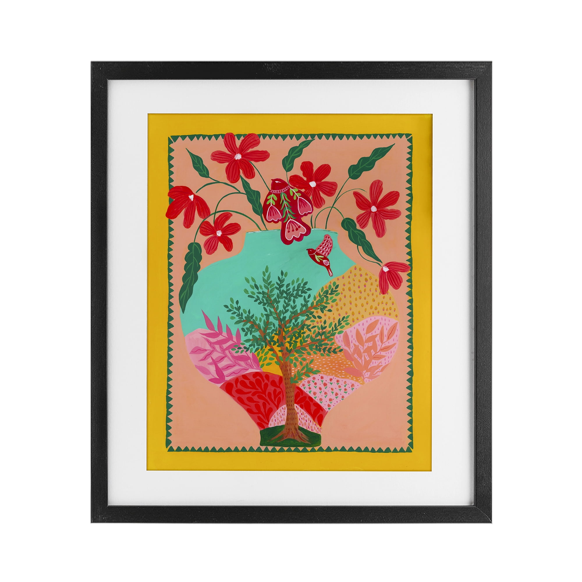 Folk Patterned Hope Vase Black Framed Print Under Glass, design by Nabeela Rumi