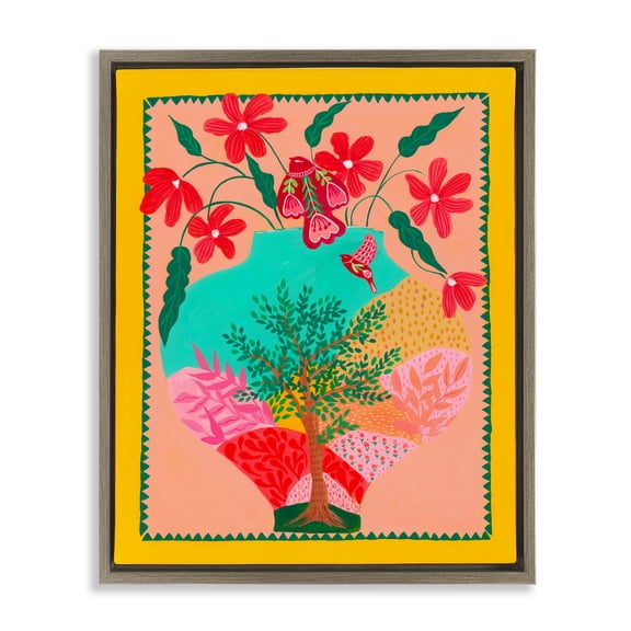 Folk Patterned Hope Vase Brown Framed Floater Canvas Wall Art, design by Nabeela Rumi