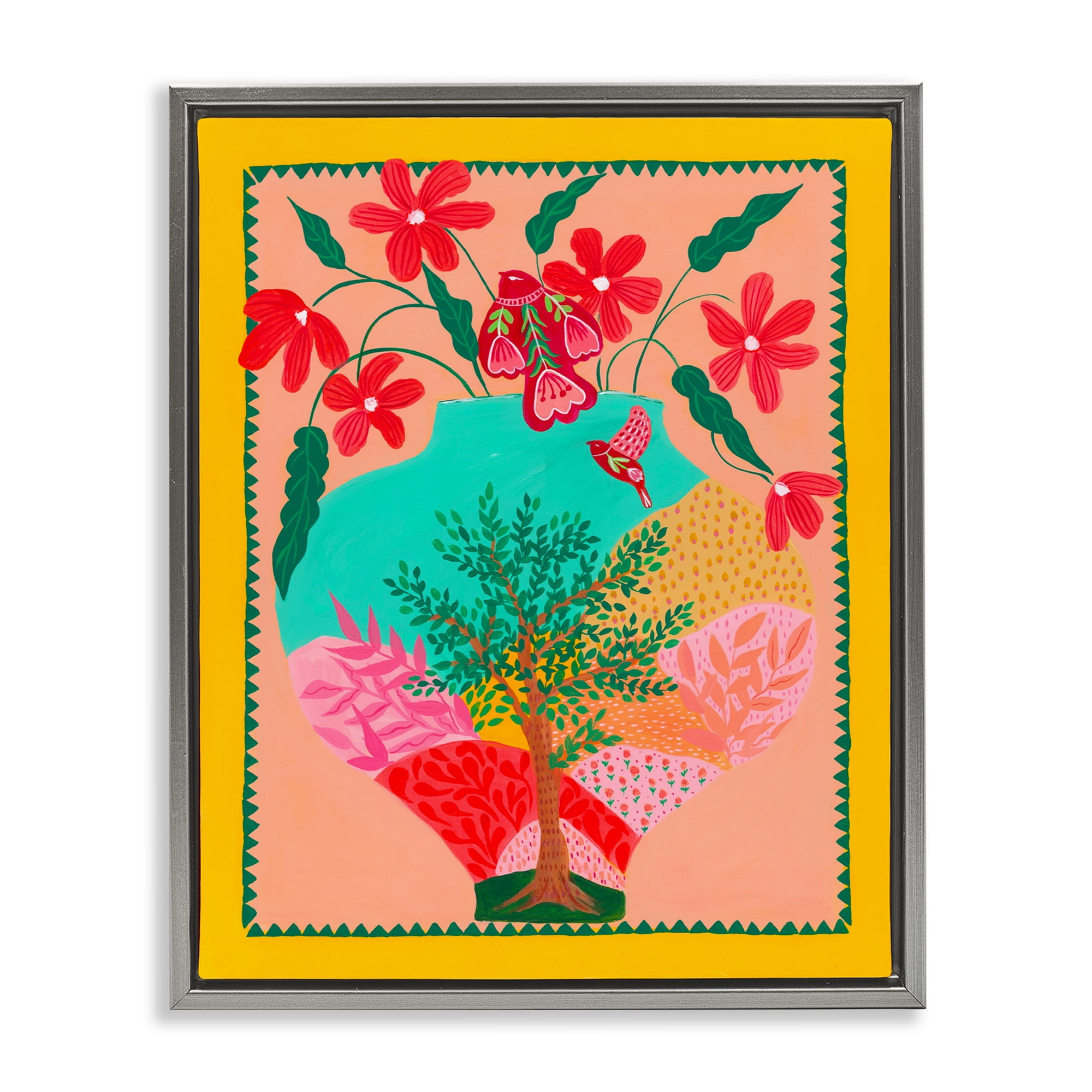 Folk Patterned Hope Vase Gray Framed Floater Canvas Wall Art, design by Nabeela Rumi
