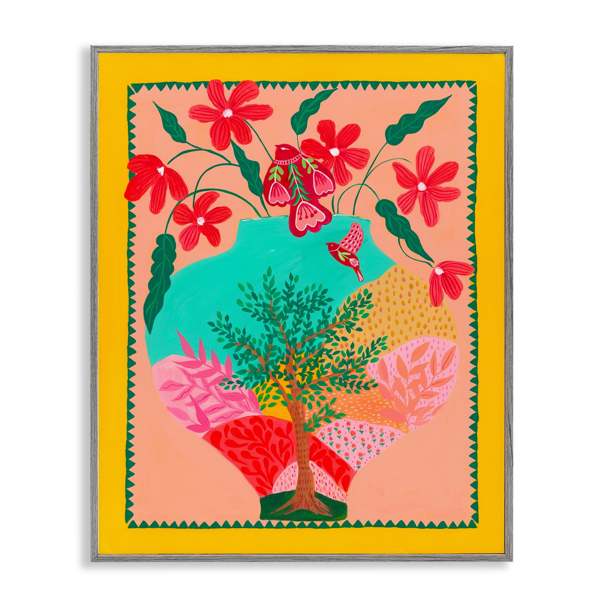 Folk Patterned Hope Vase Gray Framed Giclee Art, design by Nabeela Rumi