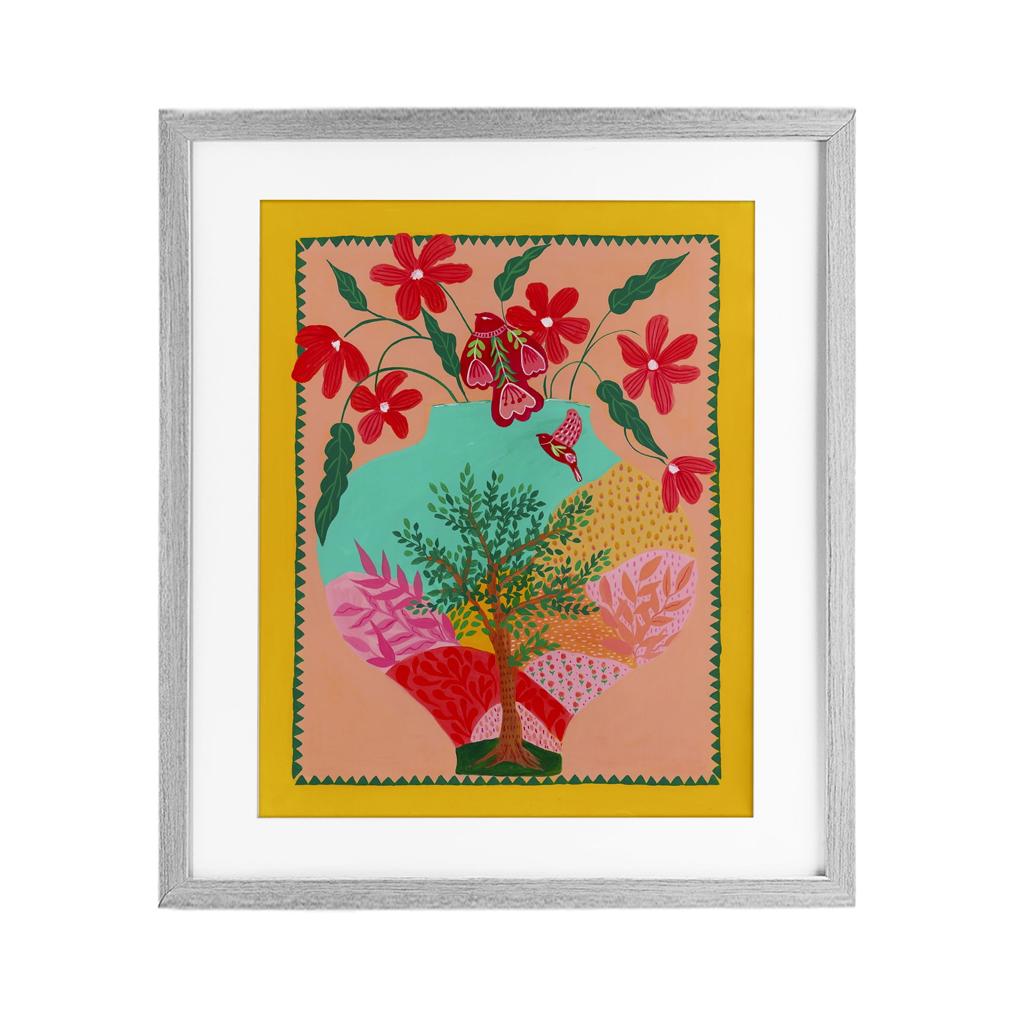 Folk Patterned Hope Vase Gray Framed Print Under Glass, design by Nabeela Rumi