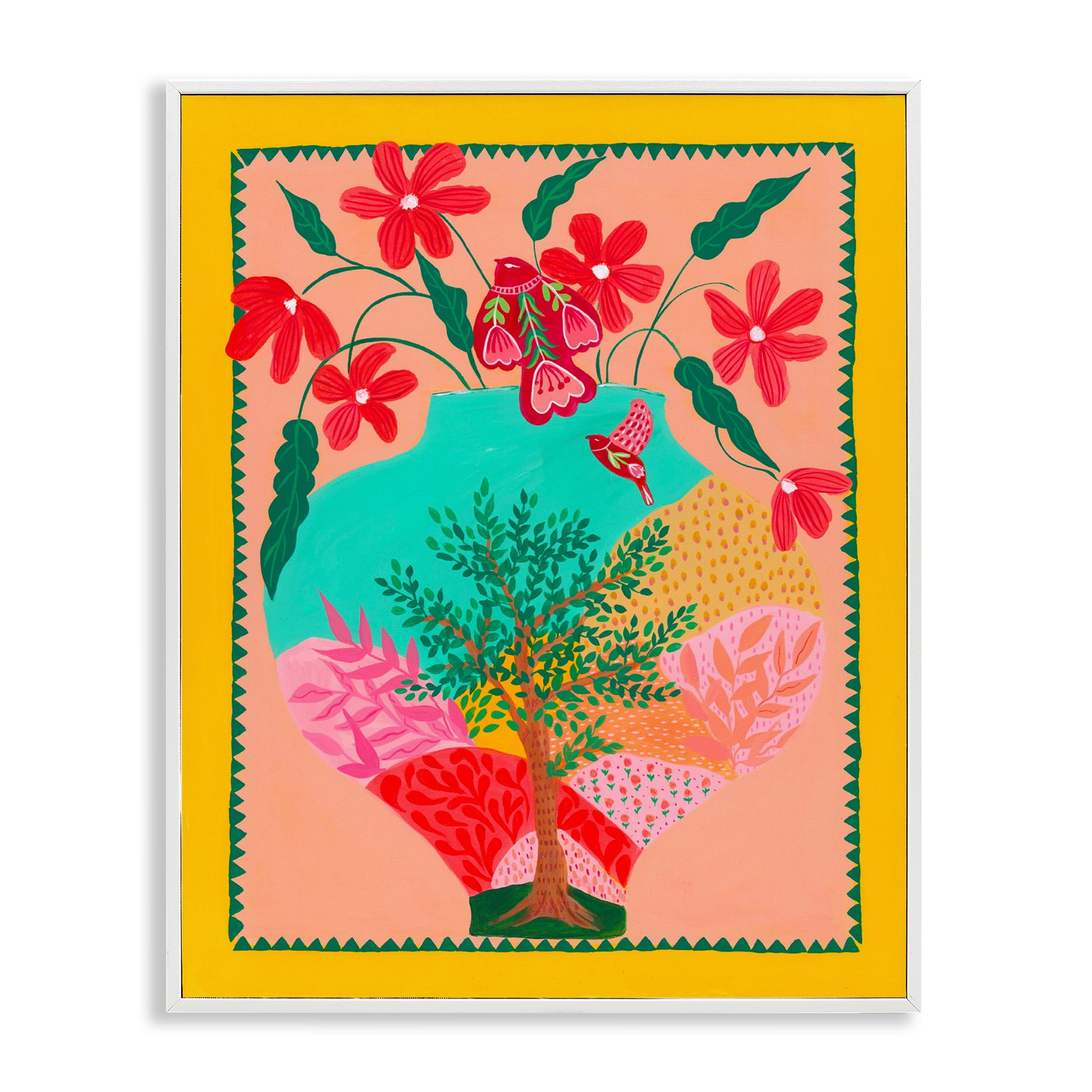 Folk Patterned Hope Vase White Framed Giclee Art, design by Nabeela Rumi