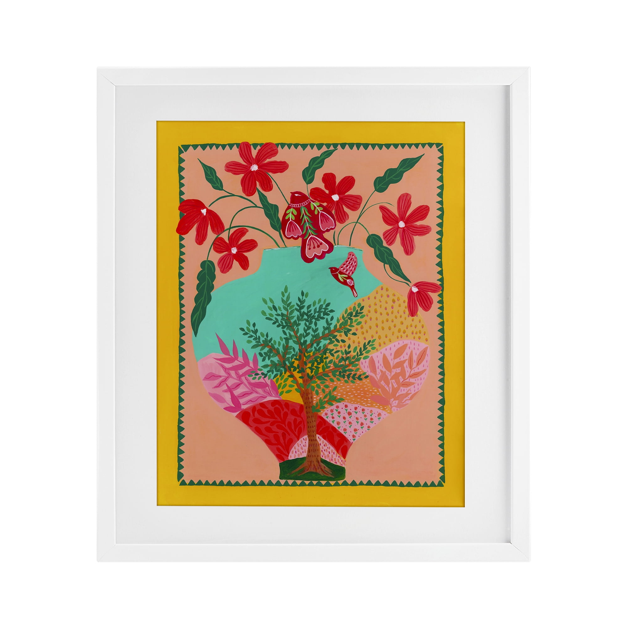Folk Patterned Hope Vase White Framed Print Under Glass, design by Nabeela Rumi