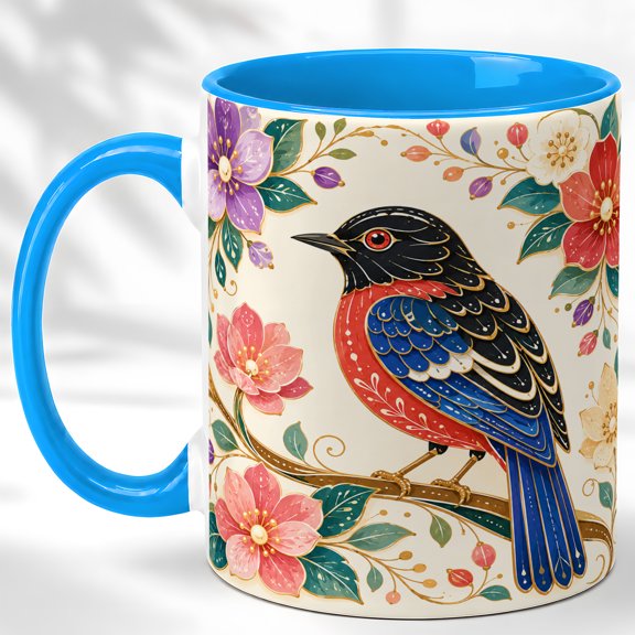 Folk Perched Bird Coffee Mug, Floral Bird Mug, Ceramic 11 oz
