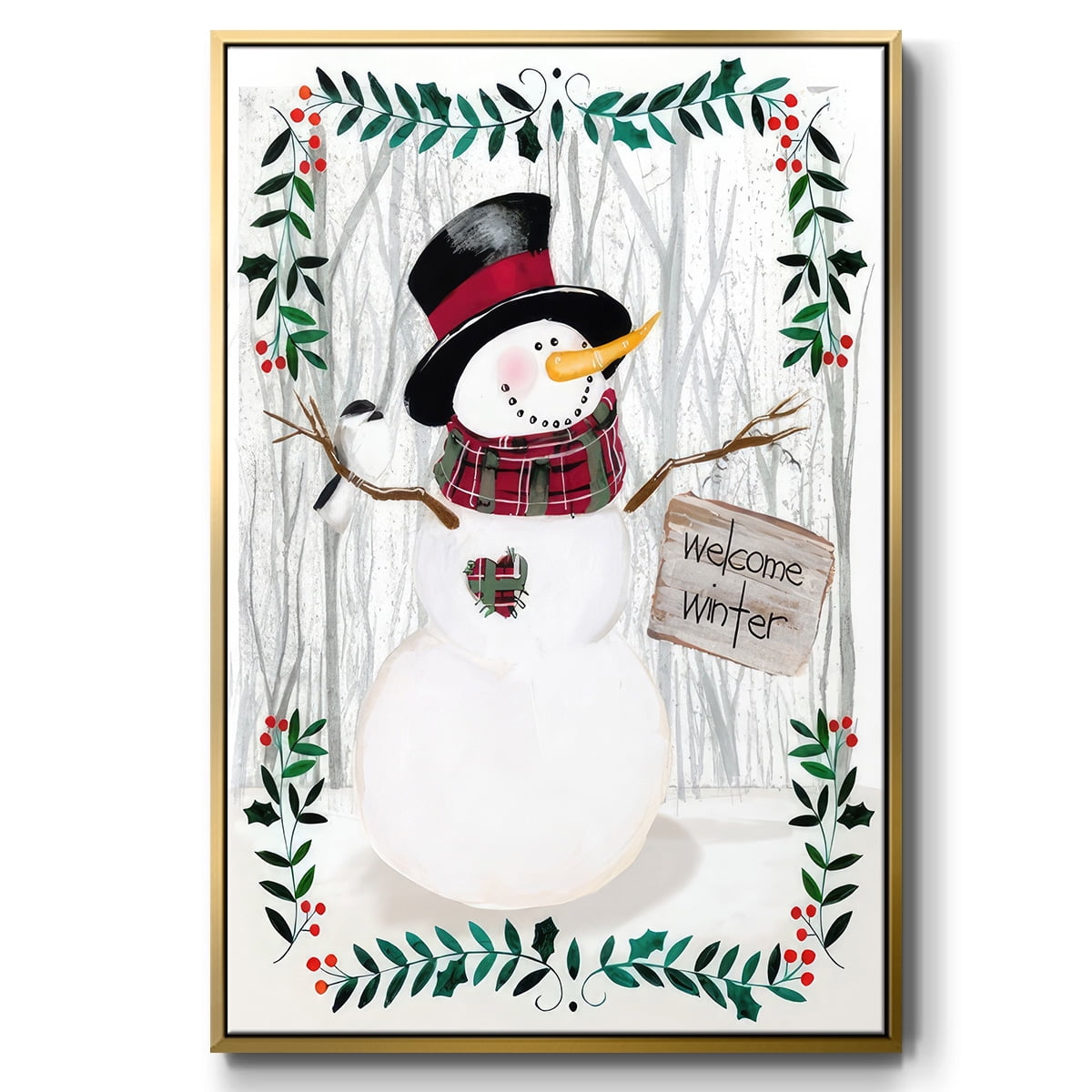Folk Snowman Forest I - Framed Gallery Wrapped Holiday Canvas - 17 x 25 - Gold Frame