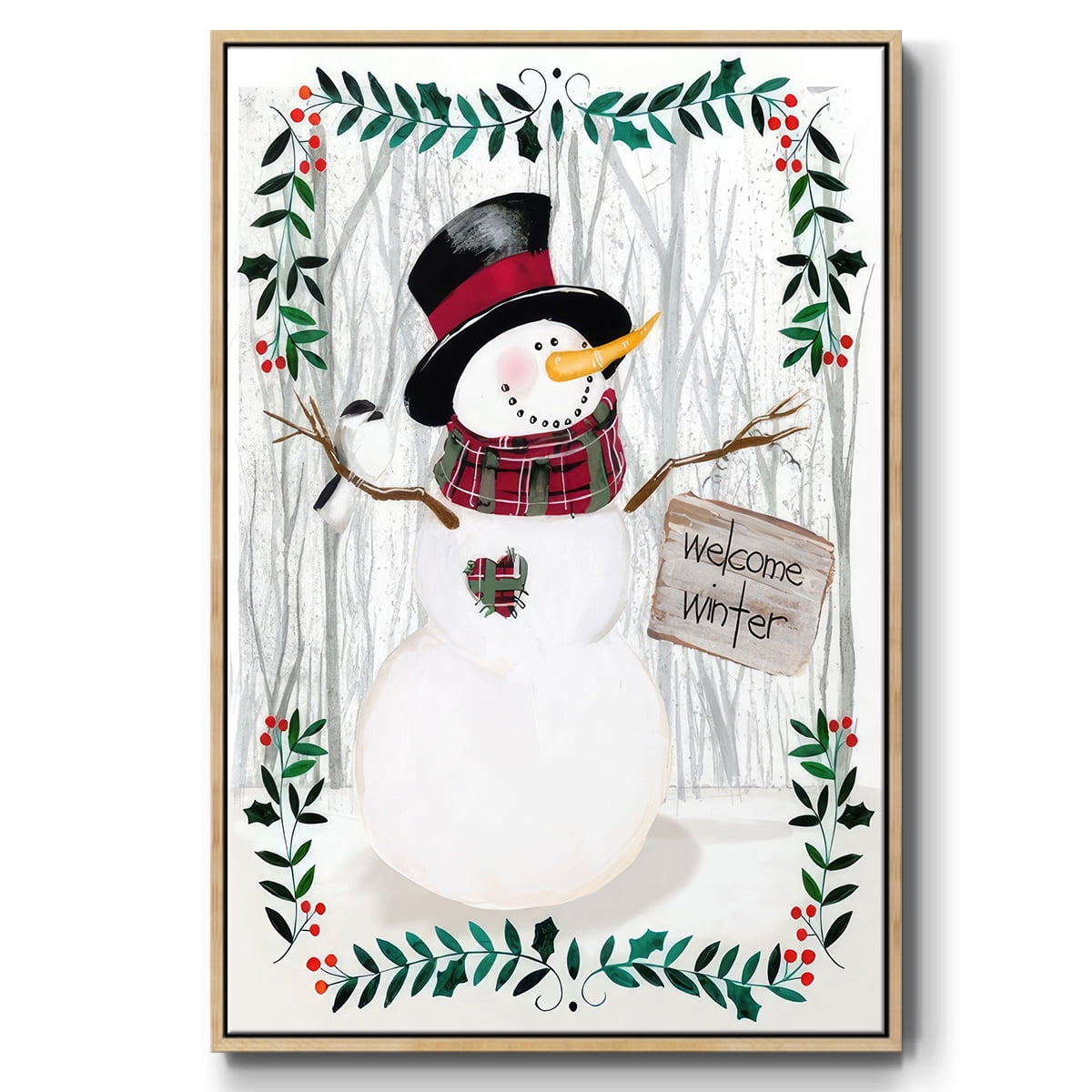 Folk Snowman Forest I - Framed Gallery Wrapped Holiday Canvas - 25 x 37 - Natural Wood Frame