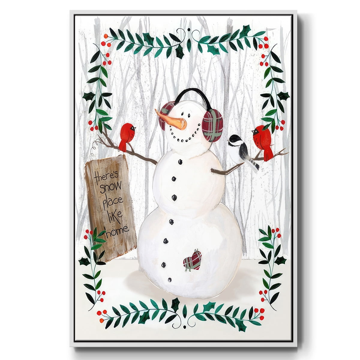 Folk Snowman Forest II - Framed Gallery Wrapped Holiday Canvas - 17 x 25 - White Frame