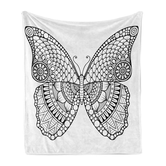 Folk Soft Flannel Fleece Blanket, Black and White Butterfly Design with Various Elements from Eastern Civilizations, Cozy Plush for Indoor and Outdoor Use, 50" x 70", White and Black, by Ambesonne