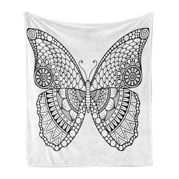 Folk Soft Flannel Fleece Blanket, Black and White Butterfly Design with Various Elements from Eastern Civilizations, Cozy Plush for Indoor and Outdoor Use, 60" x 80", White and Black, by Ambesonne
