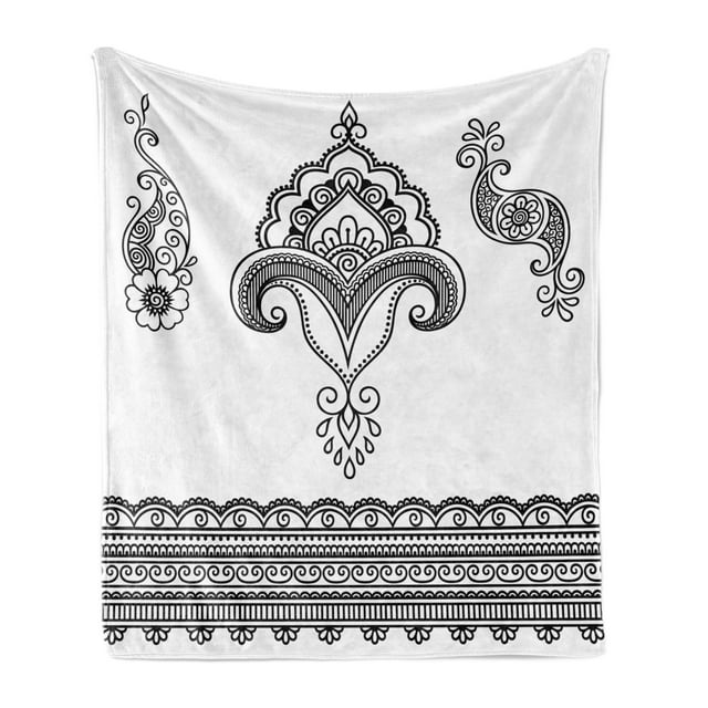 Folk Soft Flannel Fleece Blanket, Black and White Eastern Motifs Monochrome Ornamental Floral Pattern Doodle Image, Cozy Plush for Indoor and Outdoor Use, 50" x 70", White and Black, by Ambesonne