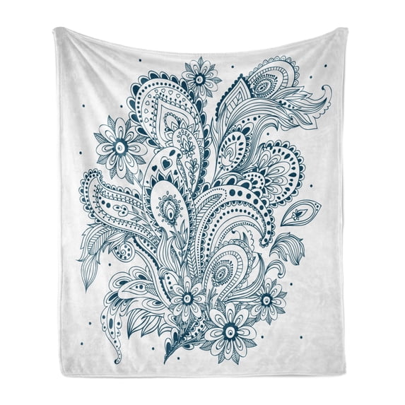 Folk Soft Flannel Fleece Blanket, Doodle Style Floral Arrangement with Ornament Design Abstract Leaves Image Print, Cozy Plush for Indoor and Outdoor Use, 50" x 60", Dark Blue White, by Ambesonne