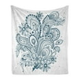 thumbnail image 1 of Folk Soft Flannel Fleece Blanket, Doodle Style Floral Arrangement with Ornament Design Abstract Leaves Image Print, Cozy Plush for Indoor and Outdoor Use, 50" x 70", Dark Blue White, by Ambesonne, 1 of 5