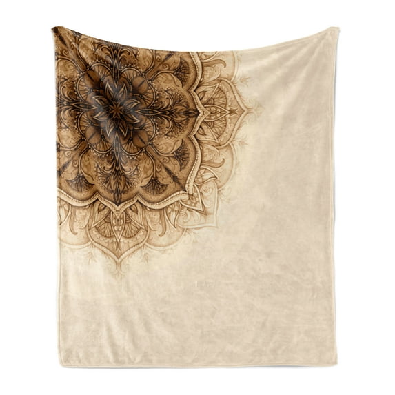 Folk Soft Flannel Fleece Blanket, Vintage Hand Drawn Style Mandala Artwork Corner Ornament Ottoman Culture Art Elements, Cozy Plush for Indoor and Outdoor Use, 50" x 70", Brown Tan, by Ambesonne