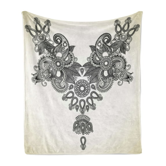 Folk Soft Flannel Fleece Throw Blanket, Far Eastern Vintage Fashion Ornamental Paisley Abstract Artwork Oriental Effect, Cozy Plush for Indoor and Outdoor Use, 50" x 70", Black Cream, by Ambesonne