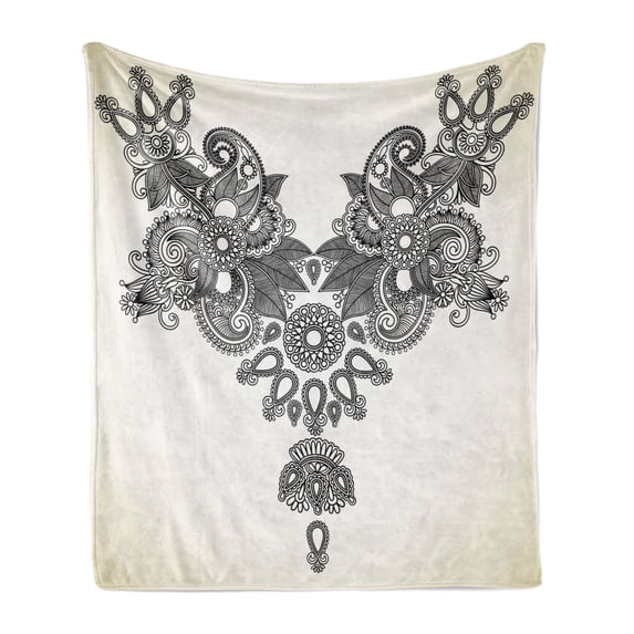 Folk Soft Flannel Fleece Throw Blanket, Far Eastern Vintage Fashion Ornamental Paisley Abstract Artwork Oriental Effect, Cozy Plush for Indoor and Outdoor Use, 50" x 60", Black Cream, by Ambesonne