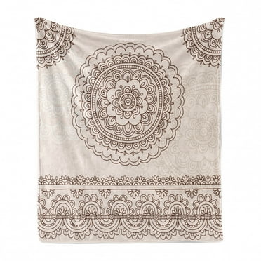 Folk Soft Flannel Fleece Throw Blanket, Floral Tattoo Design Inspirations from Civilizations Doodle Style Soft Colored, Cozy Plush for Indoor and Outdoor Use, 70" x 90", Brown Cream, by Ambesonne