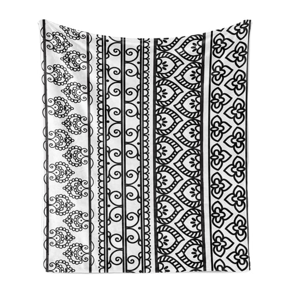 Folk Soft Flannel Fleece Throw Blanket, Old Vintage Swirls Leaf Abstract Composition with Vertical Borders, Cozy Plush for Indoor and Outdoor Use, 50" x 60", White Black, by Ambesonne