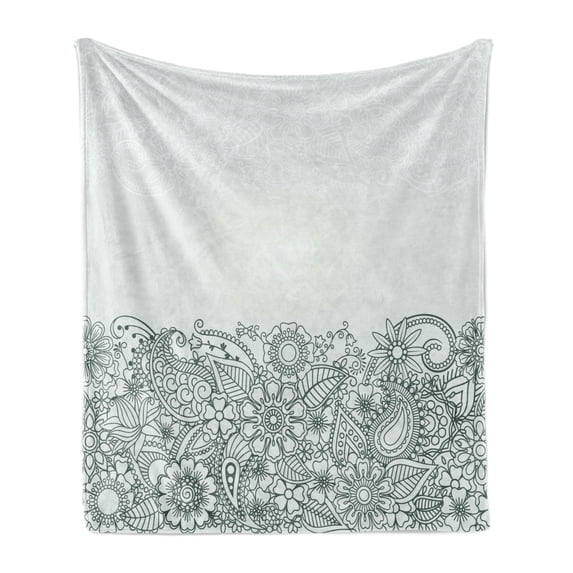 Folk Soft Flannel Fleece Throw Blanket, South Body Paint Design Floral Arrangement with Various Wildflowers and Leaves, Cozy Plush for Indoor and Outdoor Use, 50" x 70", White Green, by Ambesonne