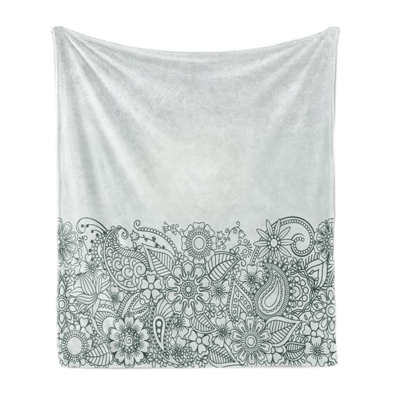 Folk Soft Flannel Fleece Throw Blanket, South Body Paint Design Floral Arrangement with Various Wildflowers and Leaves, Cozy Plush for Indoor and Outdoor Use, 60" x 80", White Green, by Ambesonne