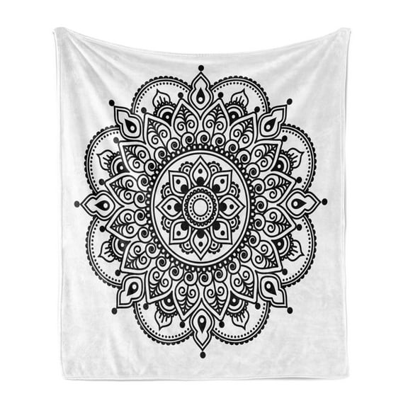 Folk Soft Flannel Fleece Throw Blanket, Symmetrical Flower Pattern Inspired Monochrome Mandala Design, Cozy Plush for Indoor and Outdoor Use, 60" x 80", White Black, by Ambesonne