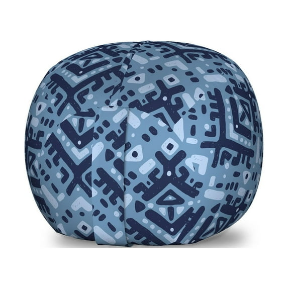Folk Storage Toy Bag Chair, Abstract Blue Tone Monochrome Design Tribal Ornament, Stuffed Animal Organizer Washable Bag, Large Size, Blue Grey Night Blue, by Ambesonne