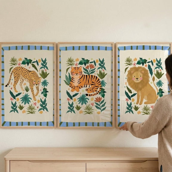 Folk Style Botanical Cat Wall Art Set of 3 Jungle Nursery Decor Lion Tiger Leopard Art Whimsical Safari Prints Kids Room Wall Decor Set 3