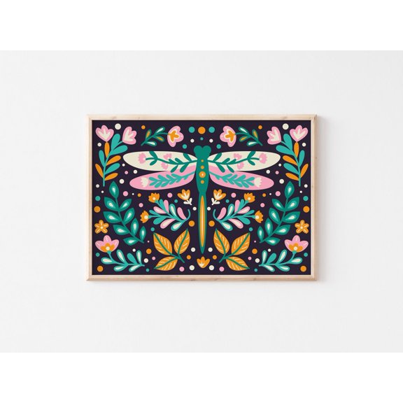 Folk Style Dragonfly Scandi Enchanting Bedroom Folk Nursery Nature Insects Whimsical Plants Woods, Unframed Poster