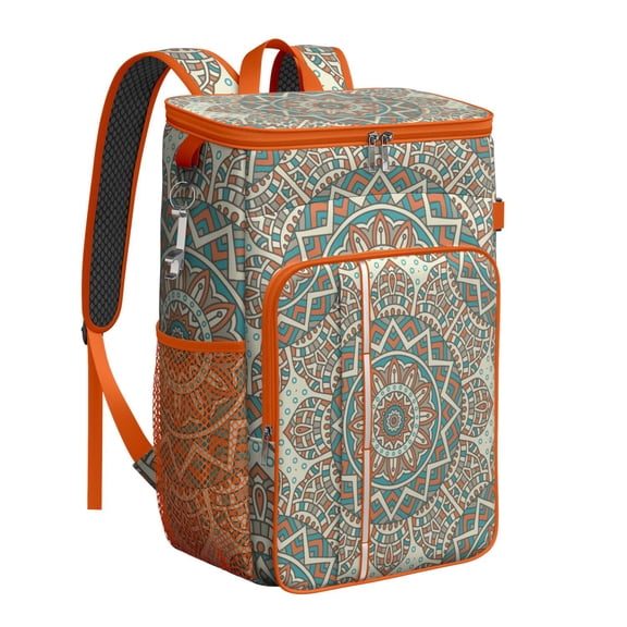 Folk Style Mandala Pattern Insulated Cooler Backpack, Leakproof Waterproof Lunch Bag, Traditional Ethnic Design for Picnic, Hiking, Camping