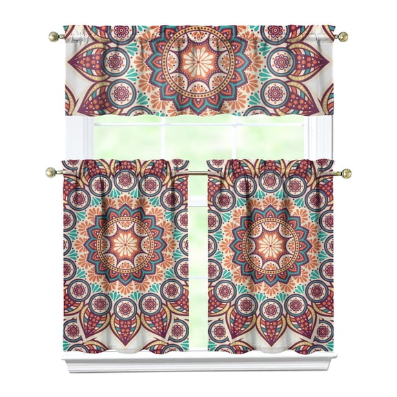 Folk Style Mandala Pattern Kitchen Curtains - Semi-Sheer 3-PCS Set with Rod Pocket Design