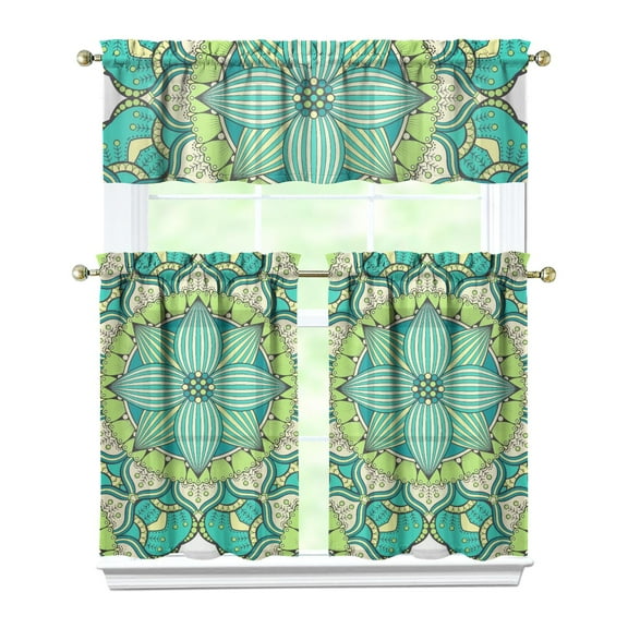 Folk Style Mandala Pattern Kitchen Curtains - Semi-Sheer 3-PCS Set with Rod Pocket Design