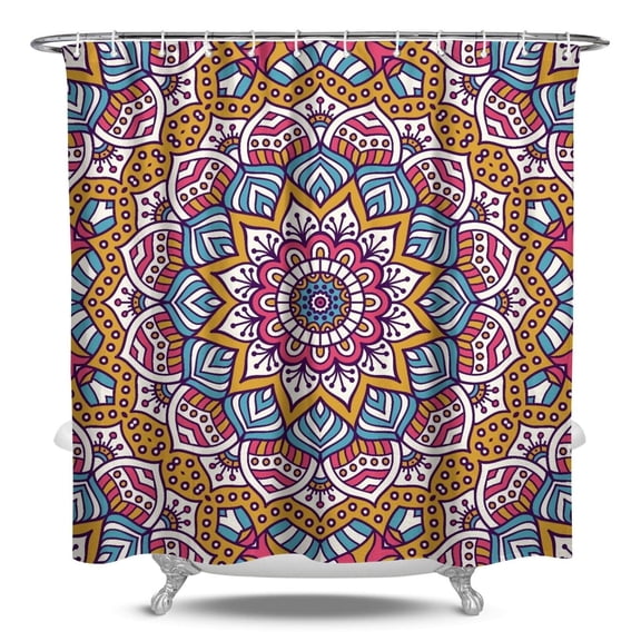 Folk Style Mandala Pattern Shower Curtain, Boho Tribal Artistic Design, Waterproof Polyester Fabric with 12 Rust-Resistant Hooks