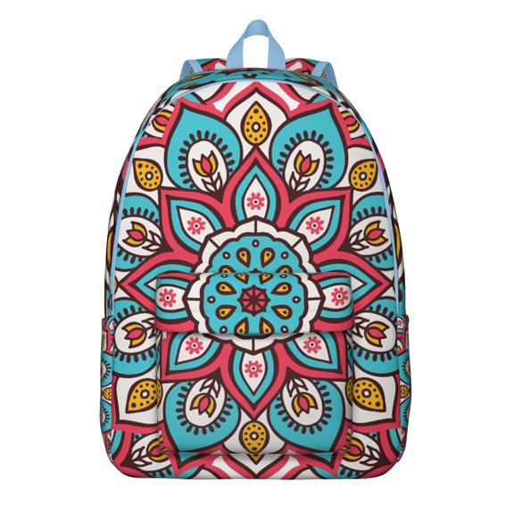 Folk Style Mandala School Backpack for Women, Ethnic Boho Canvas Daypack with Traditional Tribal Sacred Symbol Ornament