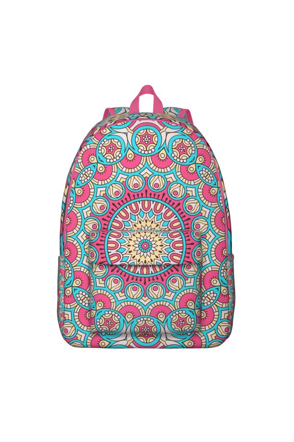 Folk Style Traditional Mandala School Backpack, Vintage Ethnic Boho Canvas Daypack with Sacred Pattern for Women